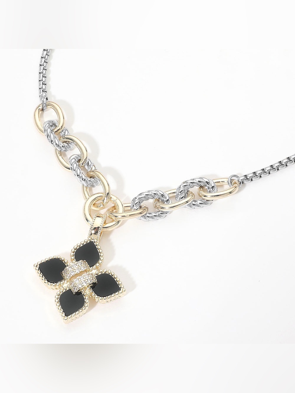 14K Gold Plated Two-Tone CZ Center Floral Charm Pendant Necklace